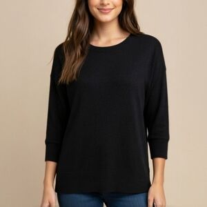 Soft Knit Crew Neck Sweater Minimilist 3/4 Sleeve Black Size Small